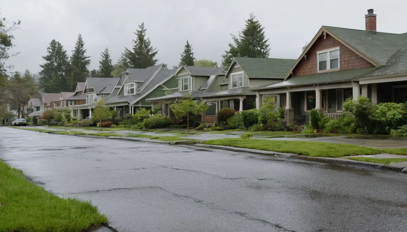 A quiet residential street of wood-frame homes and townhomes in Bothell on a rainy day